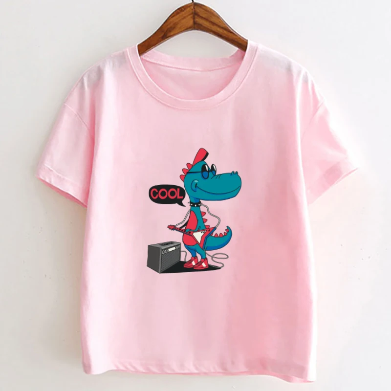 

2021New Summer Kids T-Shirt Cute Dino Boy/Girls T-Shirt Hip-hop Rock Cartoon Children Short Sleeve Casual Top Clothing for 4-14T