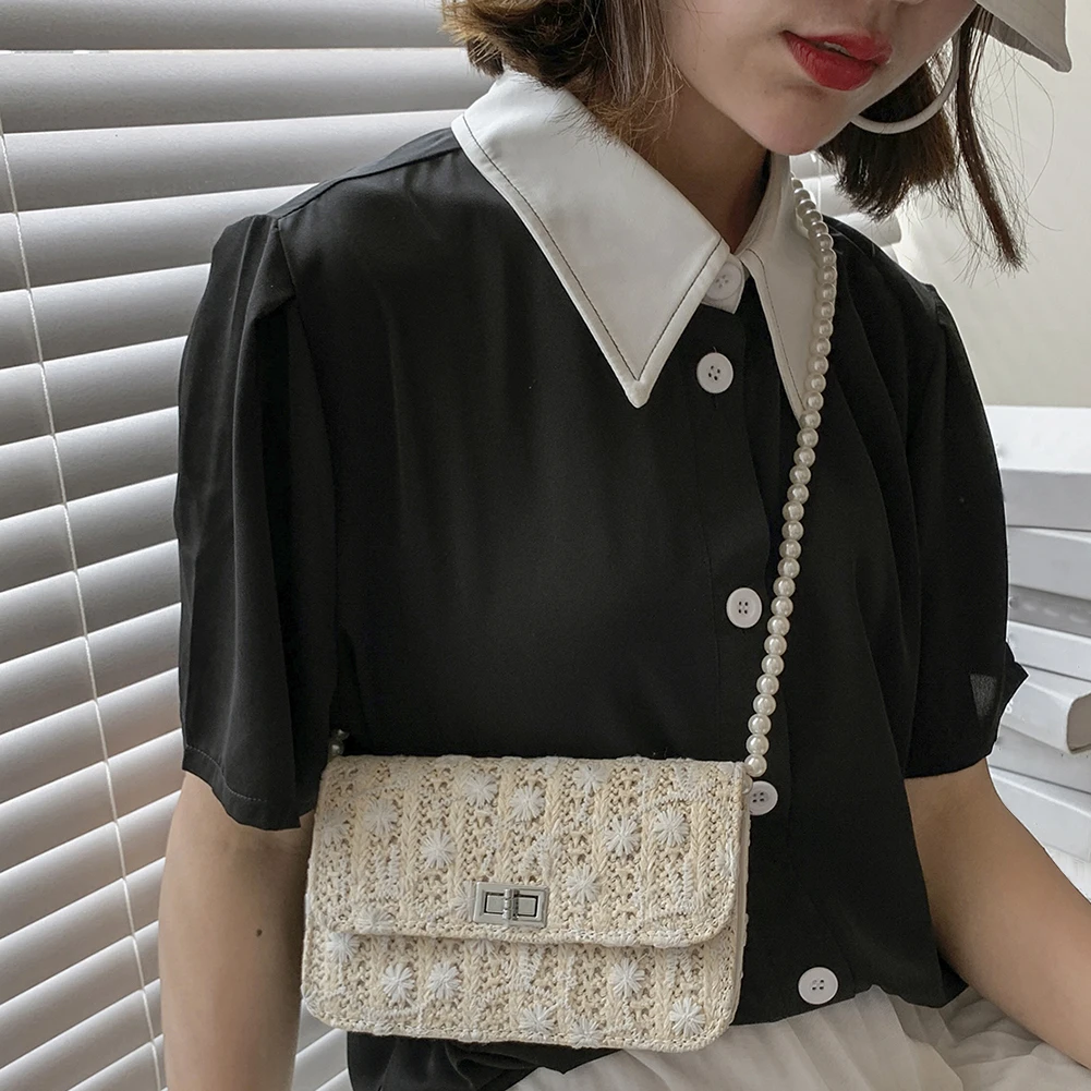 

New Shoulder Bags Casual Handbags Fashion Women Flower Woven Shoulder Bag Ladies Pearl Summer Small Crossbody Bags
