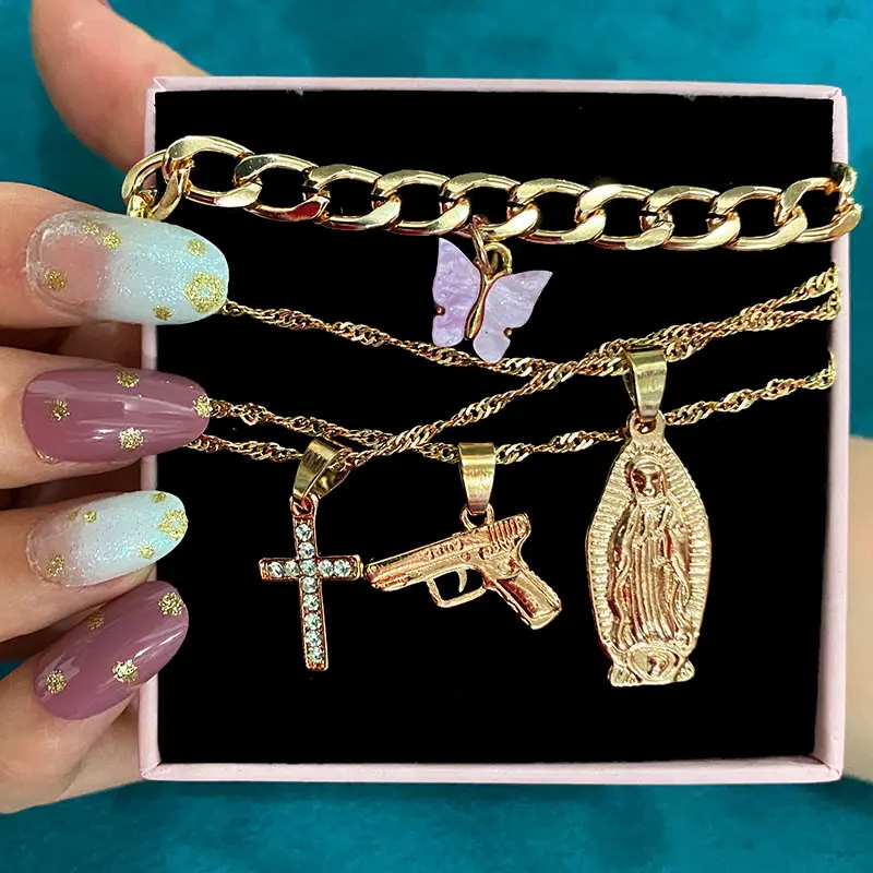 

4Pcs Women Multilayer Gold Necklace Butterfly Pistol Cross Crystal Virgin Mary Charms Necklaces Clavicle Chain Jewelry Gifts