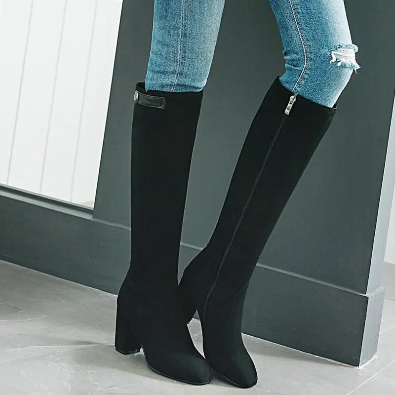 

New Faux Suede Slim Knee High Boots Women Snow Boots Women's Fashion Zipper Square Toe Winter Warm Long Boots Female Shoes