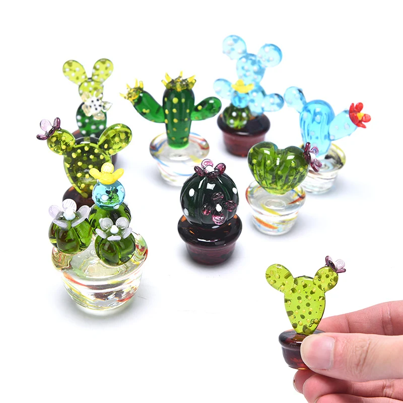 

Glass Cactus Figurines Ornaments Desktop Craft Adornment Creative Colorful Cute Miniature Plant For Home Decor