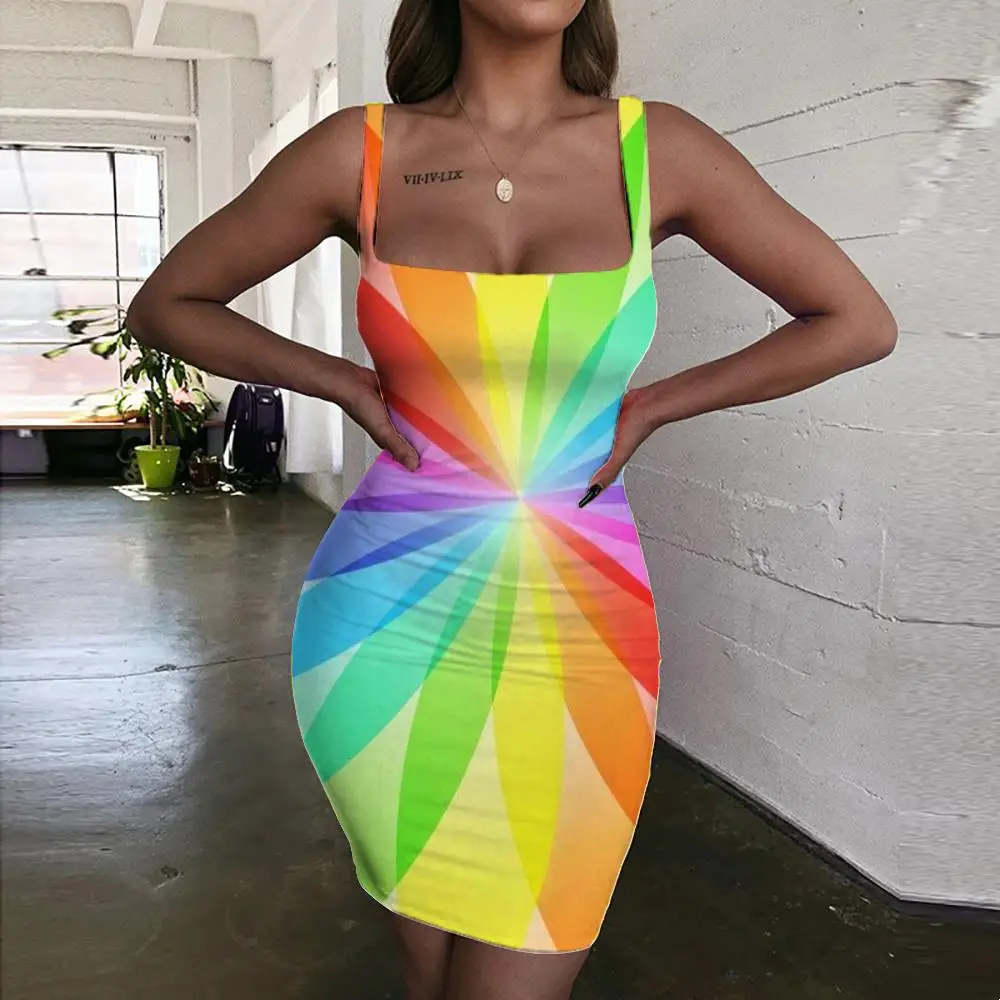 

Giyu Brand Dizziness Dresses Women Colorful Sundress Rainbow 3d Print Art Halter Sleeveless Womens Clothing Mini Evening New