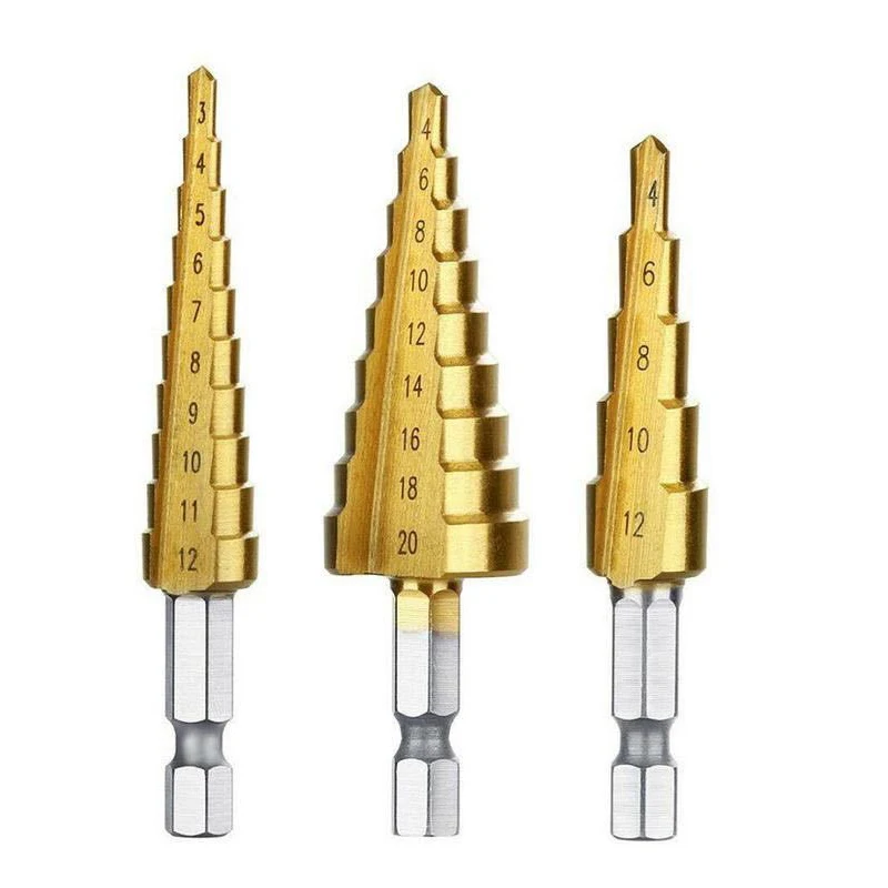 

3-12mm/4-12mm/4-20mm Straight Groove Step Drill Bit HSS Titanium Coated Wood Metal Hole Cutter Core Cone Drilling Tools Set
