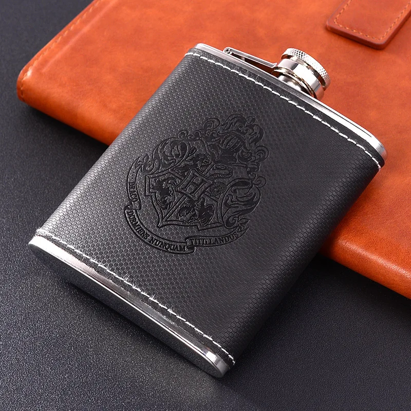 Черная портативная фляжка из нержавеющей стали Кожаная фляга для ликера 7 унций