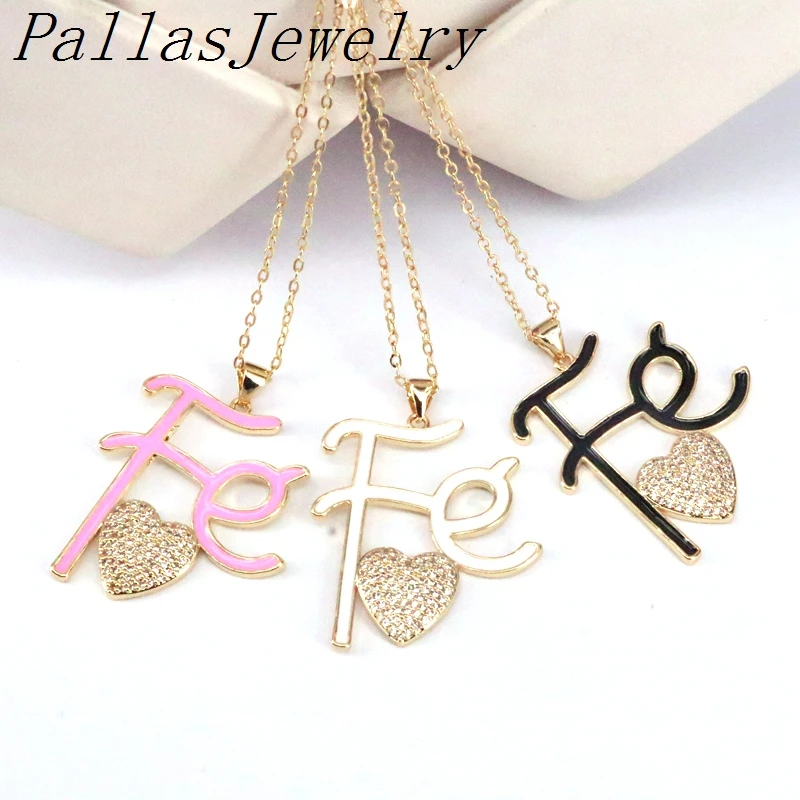 

5PCS, Enamel Fe letter with heart CZ pave micro pendant, Gold Metal Necklace Pendant Cubic Zirconia Fashion Jewelry