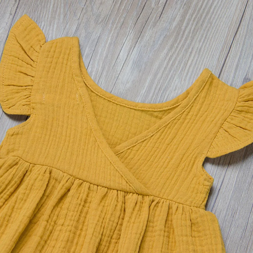 Летнее однотонное платье с рукавами-крылышками для маленьких девочек Детские