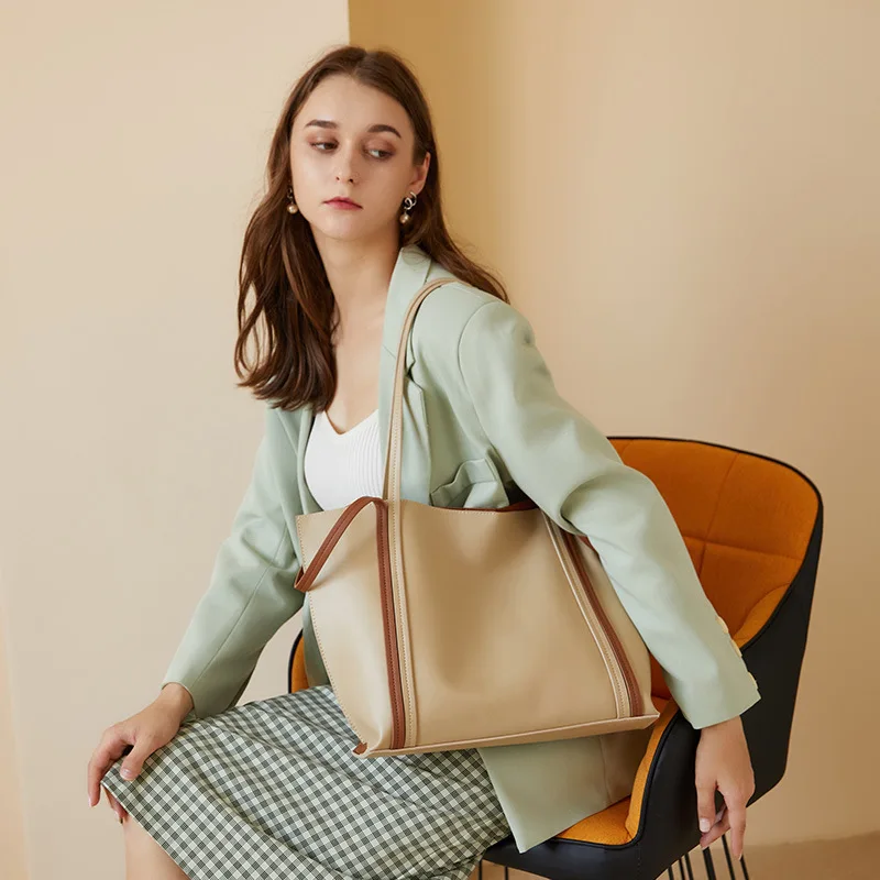 Genuine Leather Big Ladies Hand Bags 2021 New Color Matching Shoulder Bag Luxury Designer Women Totes Luxury Designer Handbags