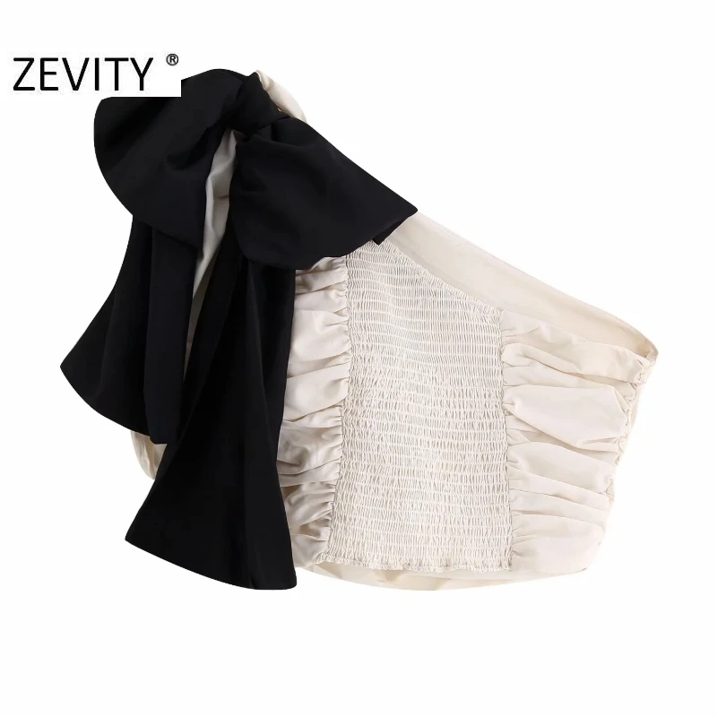 ZEVITY women sexy single shoulder black bow asymmetric smock blouse shirt pleats elastic chic blusas femininas tops LS7128 | Женская