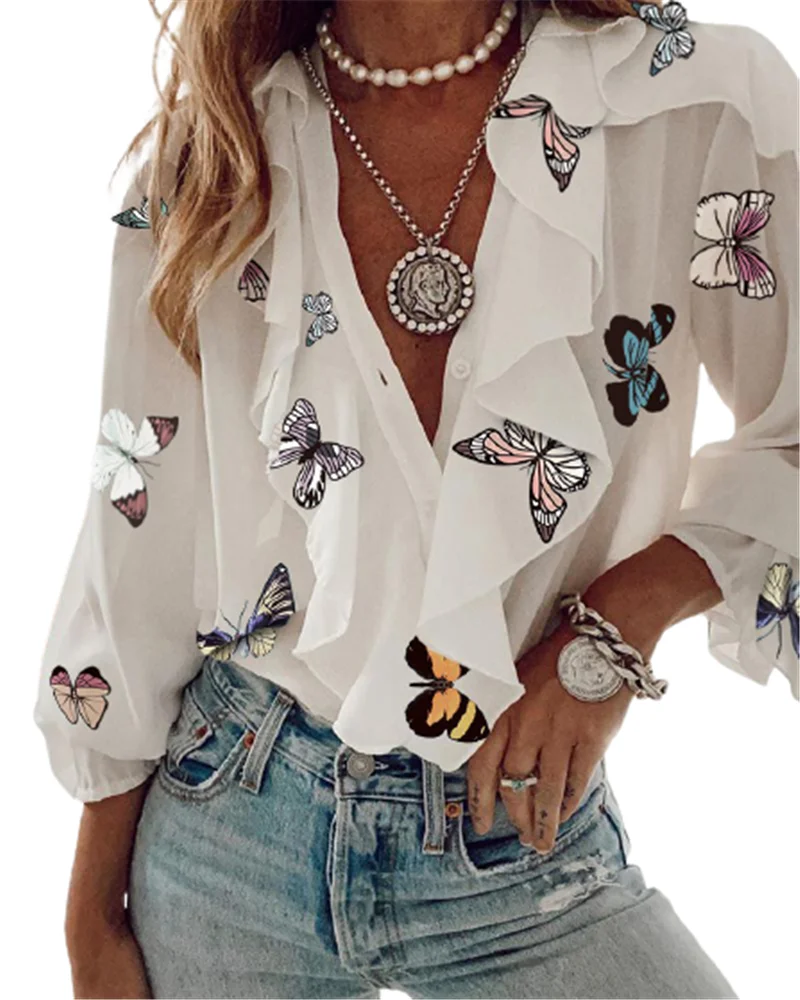 

Женская офисная блузка, элегантная рубашка большого размера с оборками, бабочками, буквами и цветочным принтом, с V-образным вырезом и длинн...