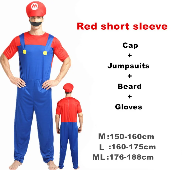 Red short sleeve Взрослый Хэллоуин Супер Марио Детский костюм косплей семья Funy Luigi Bros сантехник Пурим костюм нарядное платье Рождественские Вечерние - Цвет: Red short sleeve
