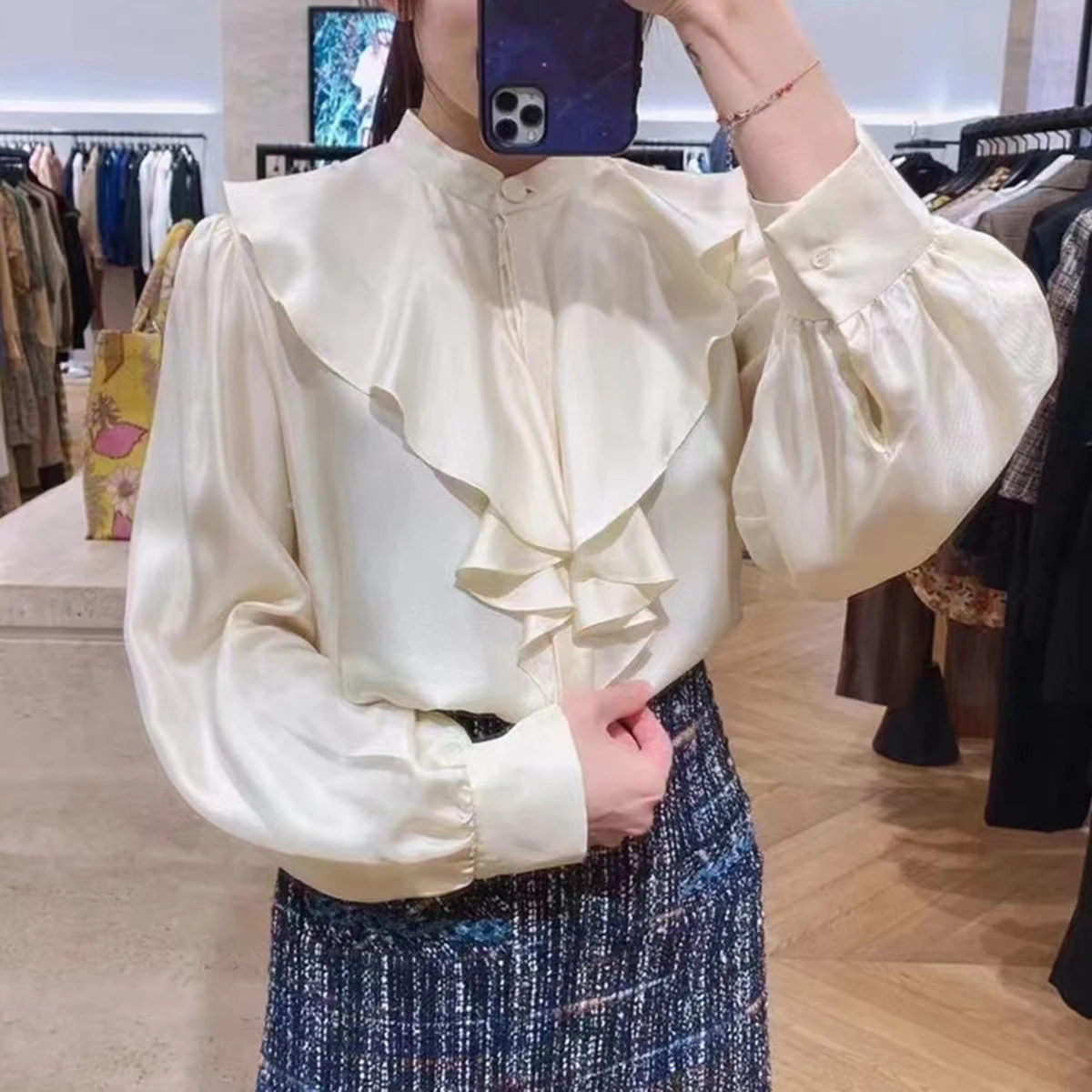 

Ruffles Solid Blouse Woman Autumn Long Sleeve Round Neck Simple Shirts Casual Vintage Loose Femme Chemise Tops 2021
