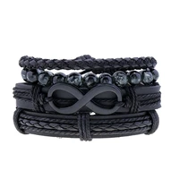 black genuine leather bracelets for men forever infinity logo bracelets mens wristband glass beads charm braclet hand jewelry