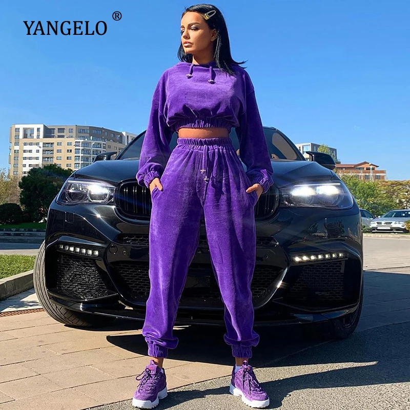 

Женский вельветовый костюм Yangelo, повседневный комплект с длинным рукавом, Толстовка и штаны, розовый свитшот, теплый топ и брюки для женщин, ...