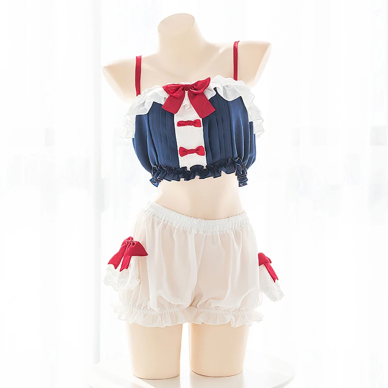 

Women Cute Micro Transparent Bowknot Ruffle Vest Underwear Set Sweet Sexy Wrapped Chest Bloomers Shorts Camisole Lingerie Suit