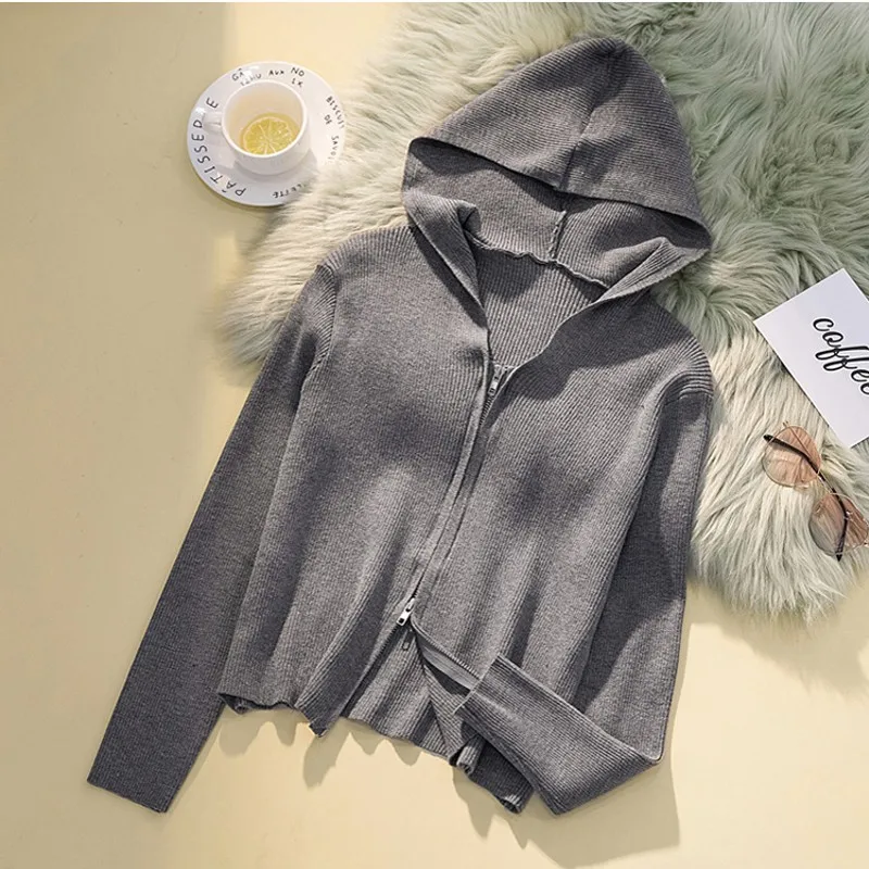 

Chic Sweatershirt Hoodied Women Cardigan Sweater Fashion Zipper Long Sleeve Cadigans Spring Autumn Knit Outwear Coat