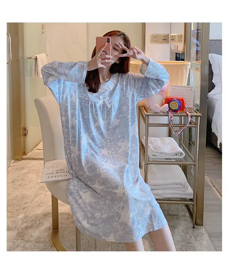 Spring Autumn Casual Plaid Cotton Nightgowns for Women Long Sleeve Loose Night Dress Home Dress Sleepwear Nightdress Nighty
