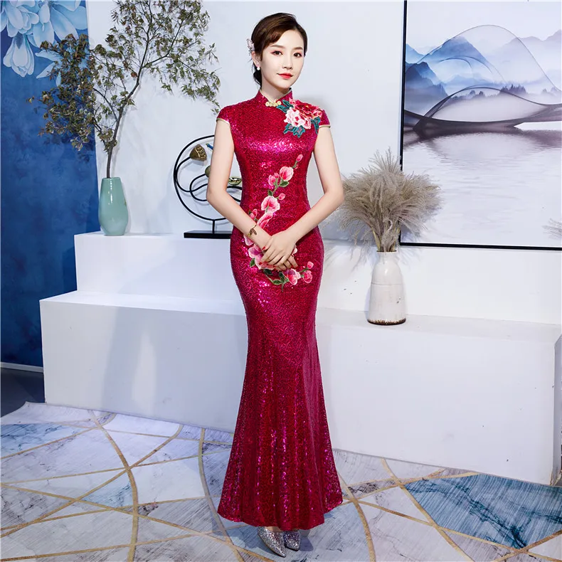 Ярко розовые Для женщин Русалка Cheongsam Длинные вечерние платья с воротником