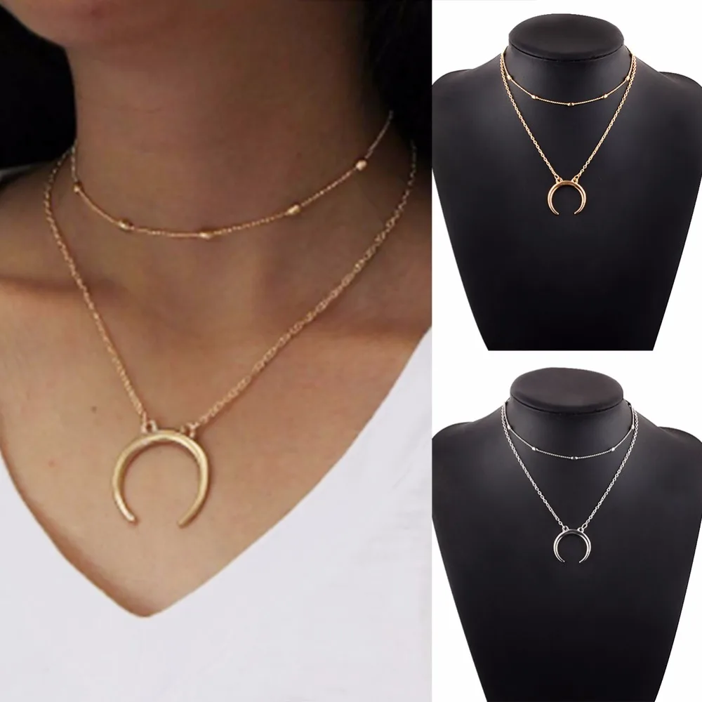 Модное Двухслойное ожерелье чокер в стиле бохо с подвеской виде полумесяца и