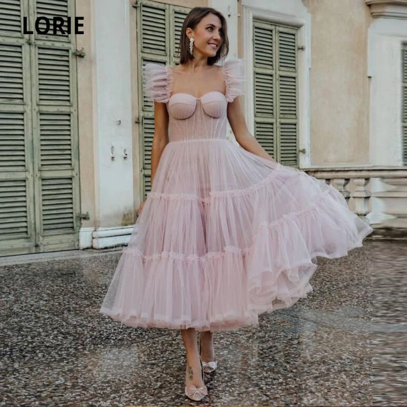 

LORIE Short Prom Dress Pink Sweetheart Ruffles Tea Length Tulle Celebrity Wedding Party Dress for Graduation vestidos de fiesta