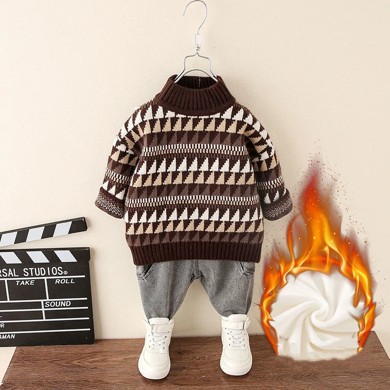 

Свитер для мальчиков, утепленные Бархатные Топы, модель 2021 года, теплый зимний, осенний вязаный флисовый хлопковый пуловер, детская одежда