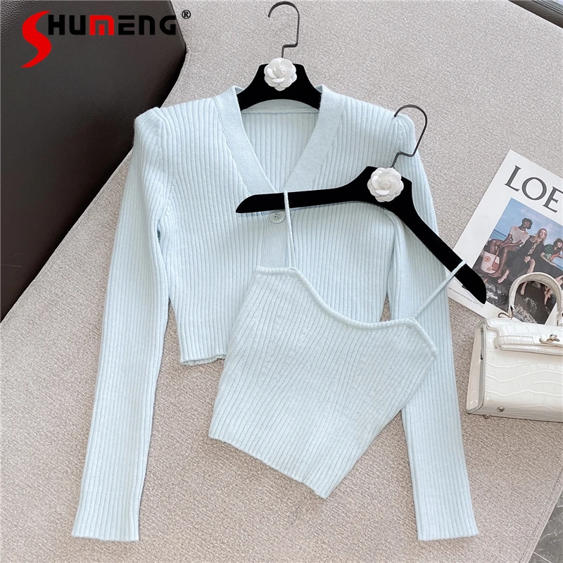 

2021 Autumn Winter New Fashionable Sweet Knitted Coat Sexy Short V-neck Long-Sleeved Cardigan Sweater + Women's Vest Outfits