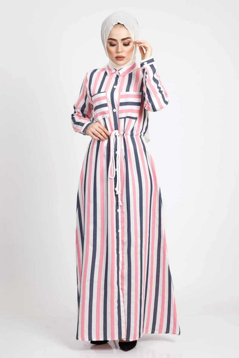 Разноцветное льняное платье в полоску TSD168 розовый|Женские платья| |