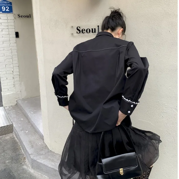 

HARAJPOO Woman Shirts 2021 New Spring Korean Ins Fashion Harajuku Black White Contrast Stitching Long Sleeve Female Tops Tide