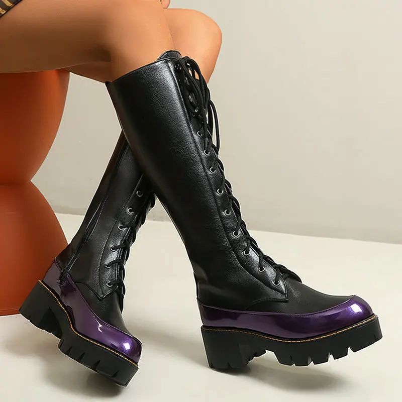 

Autumn Winter New Motorcycle Boots Women Mixed Colors Knee High Boots Female Fashion Platform Cross-tied Thick Heel Long Boots