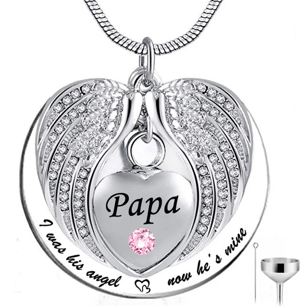 

Angel Wing Memorial Keepsake Ashes Urn Pendant Birthstone crystal Necklace,I Was His/Her Angel Now He's/She's Mine -for papa