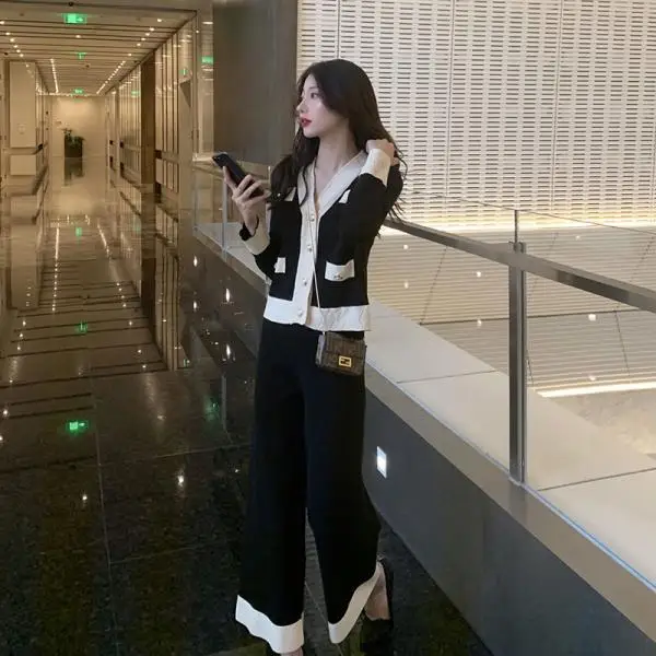 

2021 Spring and Autumn New Suit Women's Royal Sister Professional Wear Two Piece Light Knitted Wide Leg Pants