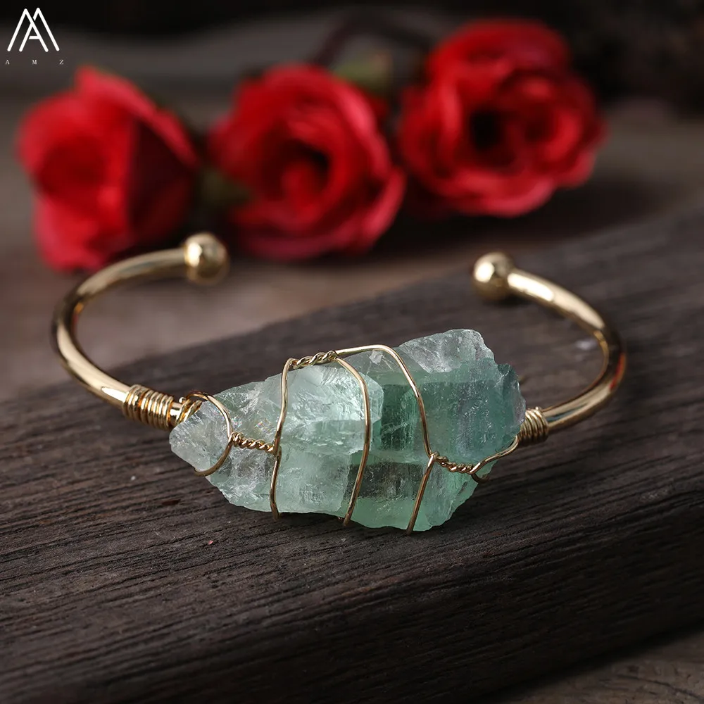 

Gold Copper Wire Wrap White Roses Quartz Nugget Beads Open Cuff Bangle Bracelet Boho Gemstones Bangle Couple Fashion Jewelry