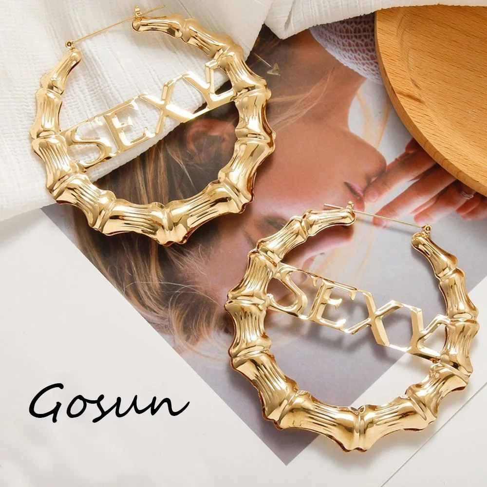 Custom Hoop Earrings Stainless Steel Earrings For Women Customize Bamboo Hoop Earring Name Letter Earrings Bamboo Style Jewelry