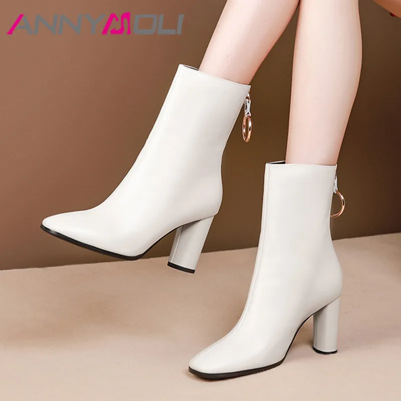 

ANNYMOLI Winter Ankle Boots Women Natural Genuine Leather Chunky High Heel Short Boots Zipper Square Toe Shoes Female Size 34-39