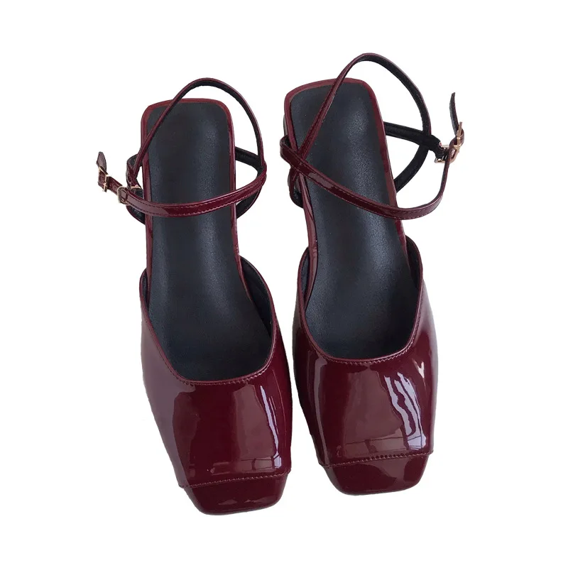 

Square Toe Candy Colors Buckle Strap Leather Sandals Women Suit Female Beige Shoes Lady 2021 Summer Heels Black Comfort Fashion