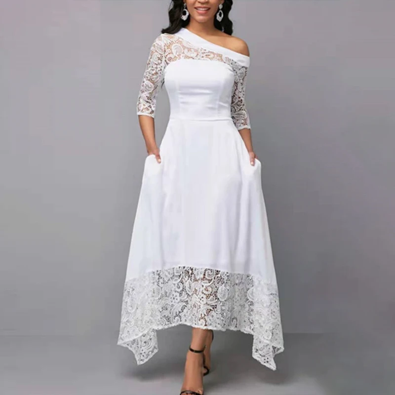 

Sexy One Shoulder 3/4 Sleeve Lace Patchwork White Dress Night Evening Party Dress Women Elegant Hook Flower Hollow A Line Dress