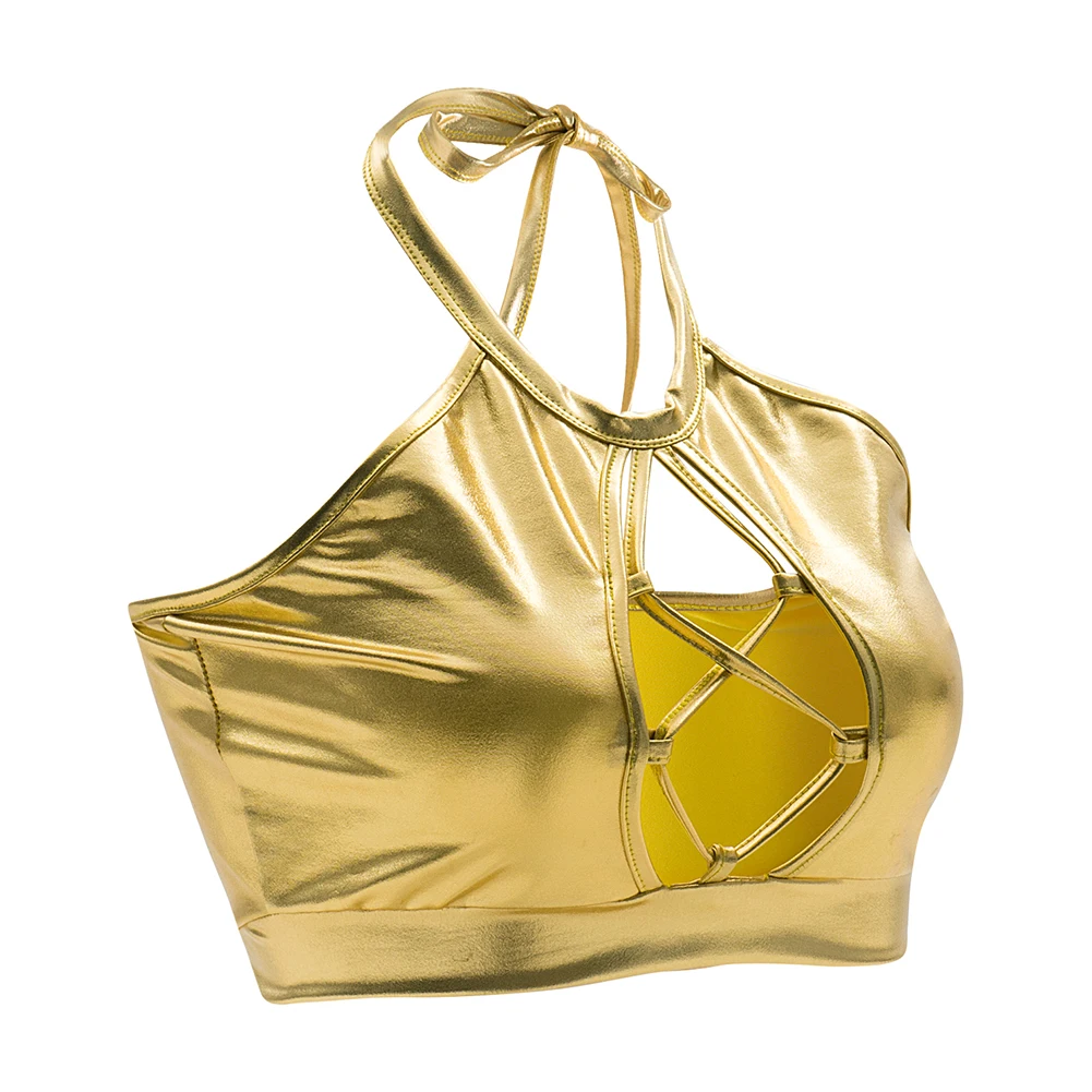 Women Elastic Hollow Out Camis Sexy Bandage Tanks Camisole Halter Girl Dance Cropped Tops Sliver Vest Gold Tank XXL | Женская одежда