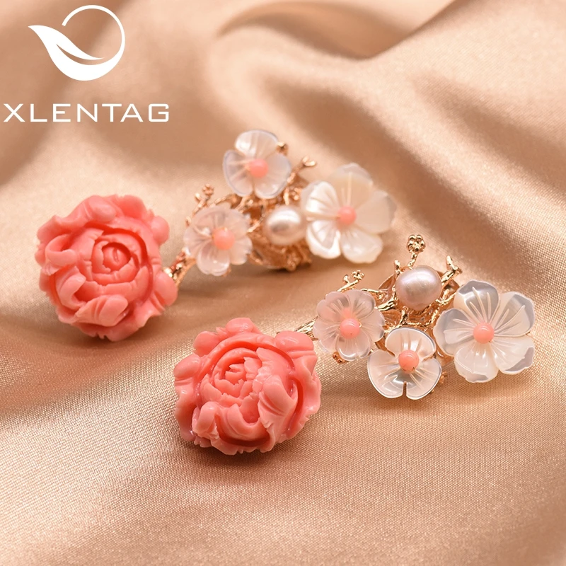 XlentAg, 925 пробы, серебряные, розовые, коралловые Висячие серьги, белый жемчуг, Розовый натуральный камень, раковина, цветок, висячие серьги, ювелирное изделие GE0024