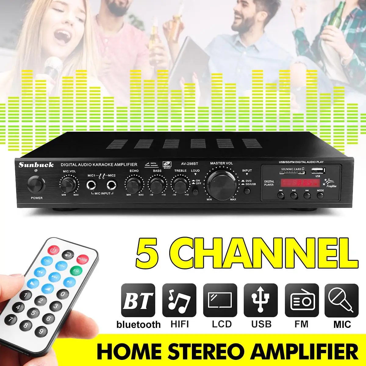 

5CH Bluetooth цифровой усилитель 110V 220V стерео светодиодный USB AV Мощность объемного бас высокого Разрешение аудио плеер сабвуферный динамик