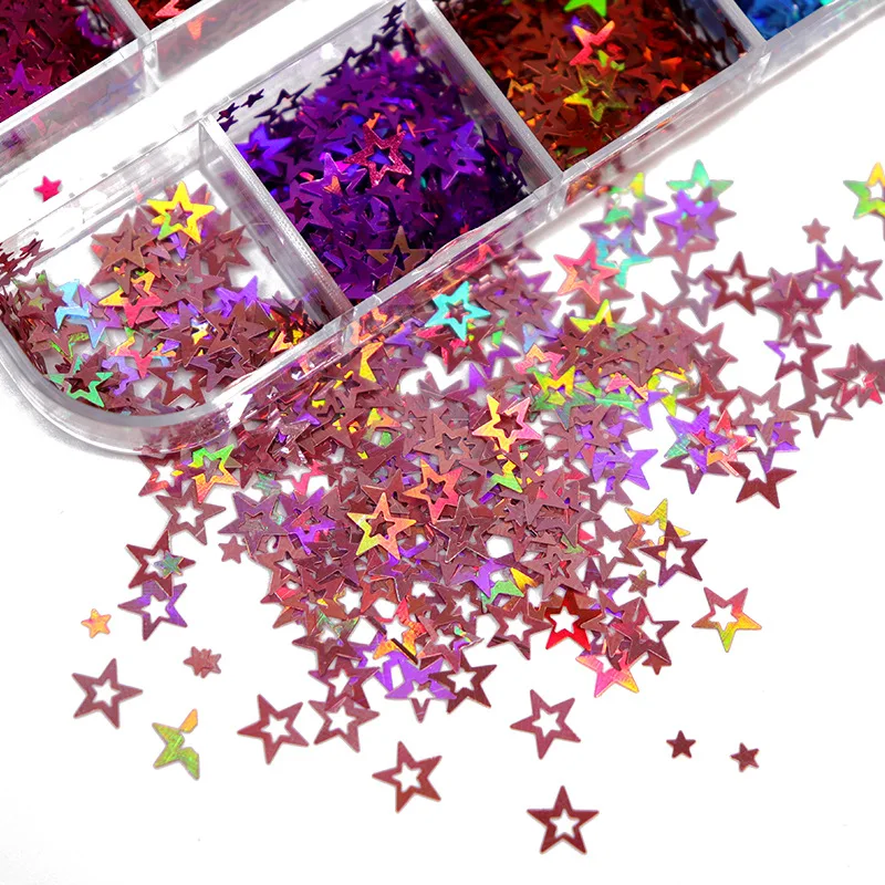 

Holographic Nails Glitter Laser Hollow Stars Shape Flakes 3D Colourful Sparkly Sequins Polish Manicure Nail Art Accessories