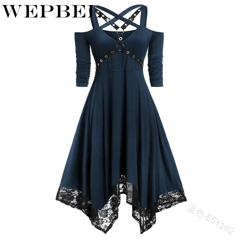 

WEPBEL Women's Gothic Vintage Short Sleeve Off Shoulder Dress A-line Irregular Halloween Costume Solid Party Nightclub Dresses
