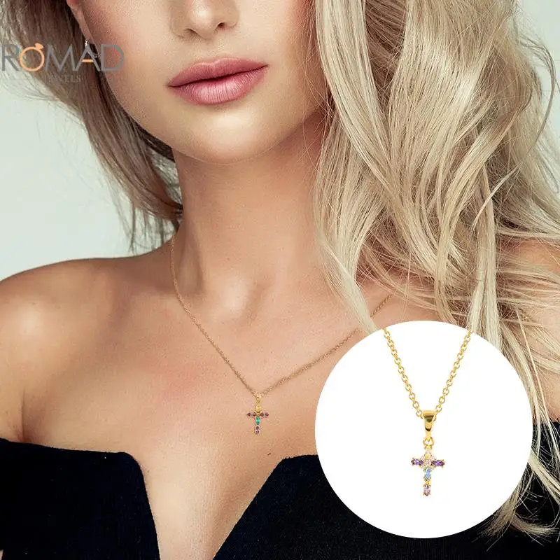 

Ожерелье ROMAD с подвеской-крестом для женщин, модное ожерелье из стерлингового серебра 925 пробы с французской микро-инкрустацией из цветного ...