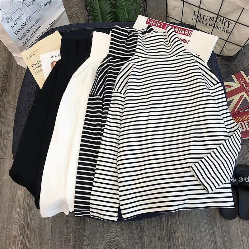 

T-shirts Women Long Sleeve Loose Striped Solid Turtleneck Womens T-shirt All-match Simple Leisure Korean Style Trendy Chic Soft