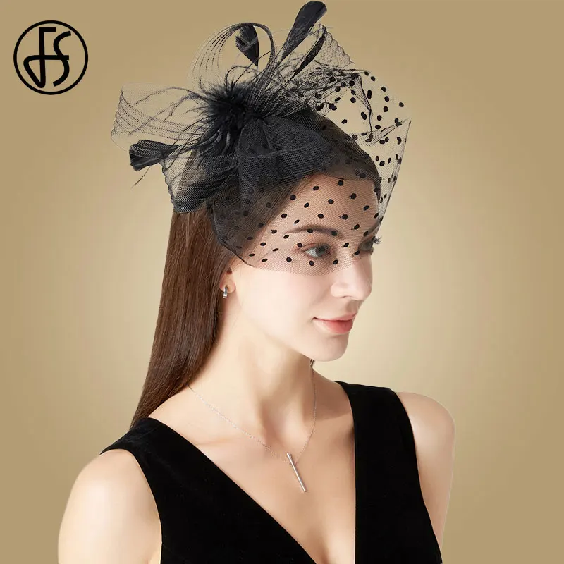 

Женская шерстяная шляпка-«Таблетка» FS, черная шляпка с цветами, сетчатыми перьями, для свадьбы, коктейля, чаепития