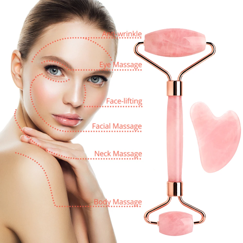 

Facial Massage Jade Stone Roller For Face Natural Massager Pink Green Guasha Scraper Set Body Beauty Skin Care Slimming Roller