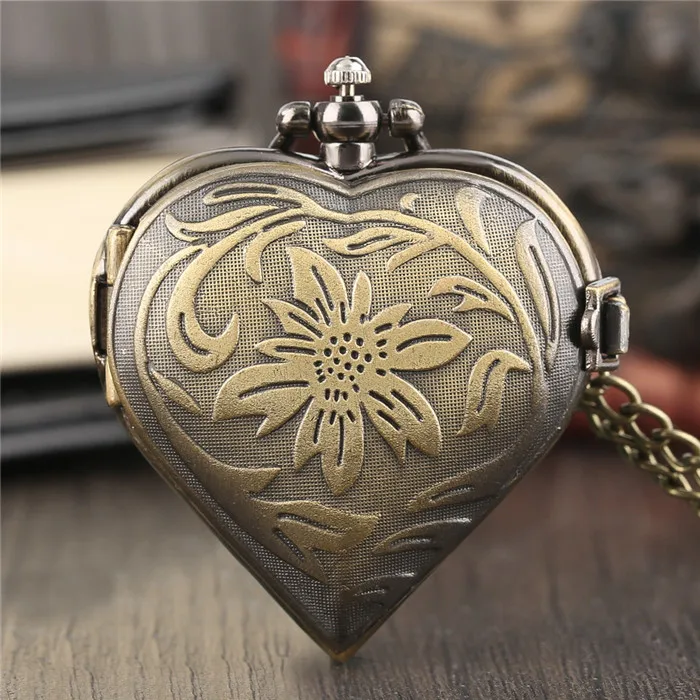 Bronze Ретро в форме сердца бронзовые подвесные карманные часы с necklace ем цепочкой крутые Кварцевые Fob часы для женщин девушек лучший подарок - Цвет: Bronze