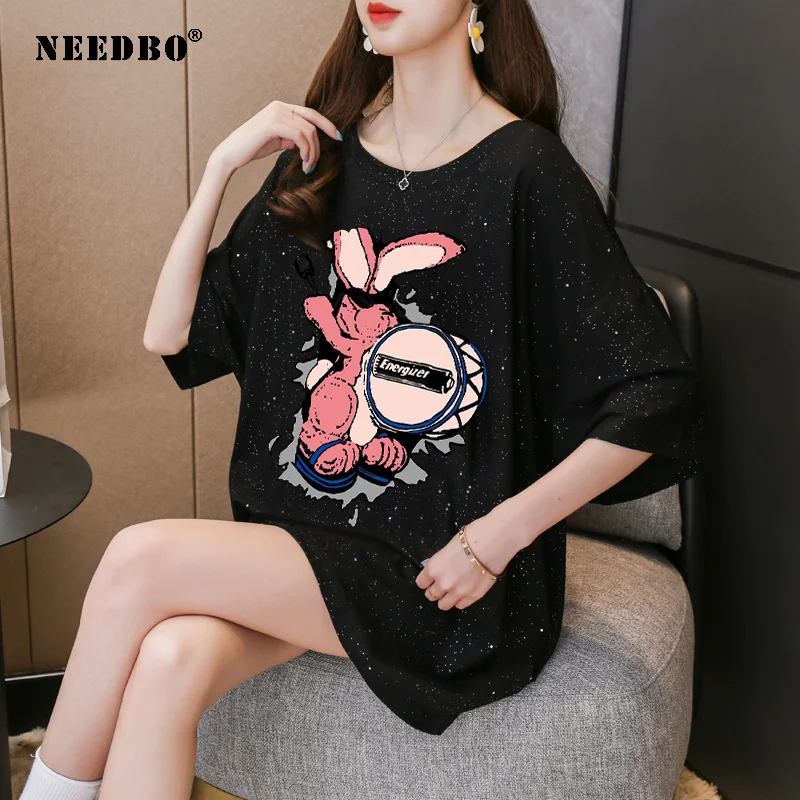 

Tshirt Oversize 4XL Print Cartoon Women Casual T shirt Women Korean Sequins Tee Shirt Femme Short Sleeve Funny T-shirt Tops