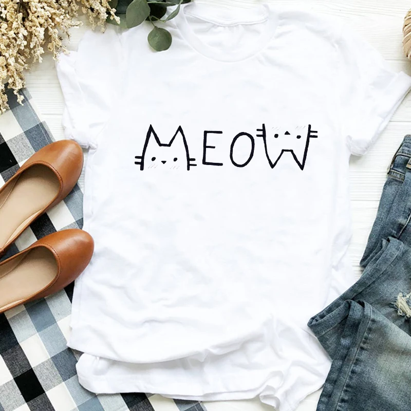 

Women Lady Cat Flower Watercolor Trend Short Sleeve Printing Print Tshirt Shirt Clothes Top Graphic Female T Tee Womens T-shirt