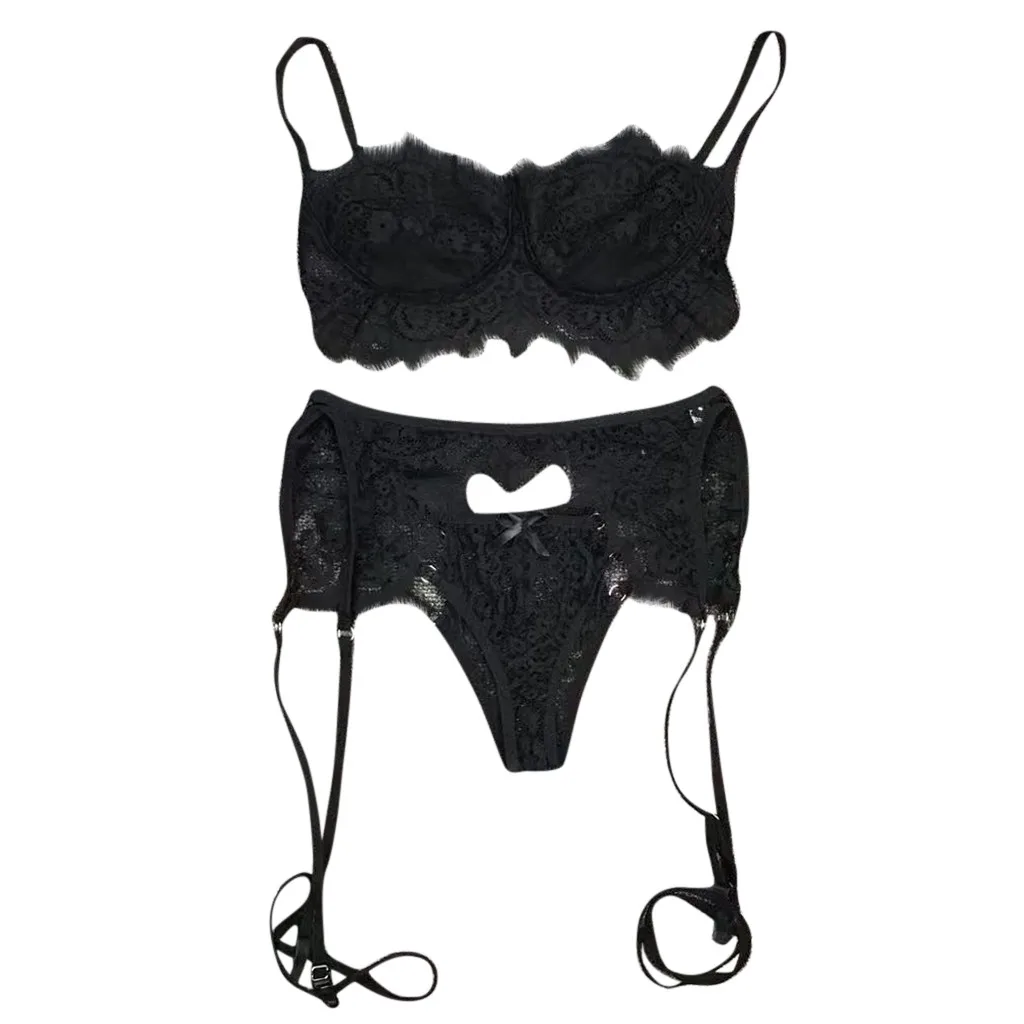 

3Pcs Sexy Lace Brassiere Thin Bra Set Lingerie Set Woman Sexy Erotic Intimates Underwear Thong With Garter Female Lenceria Set