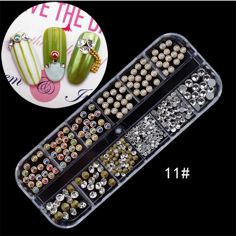 

Colorful Rhinestones for Nails 3D Gorgeous Nails Art Tips Decals AB Acrylic UV Gel with 12 Grids Hard Case Nail Art Decorations