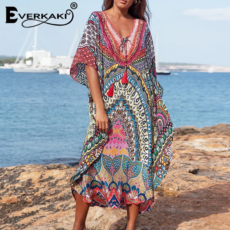 Женское свободное пляжное платье Everkaki длинное с цветочным принтом и кисточками